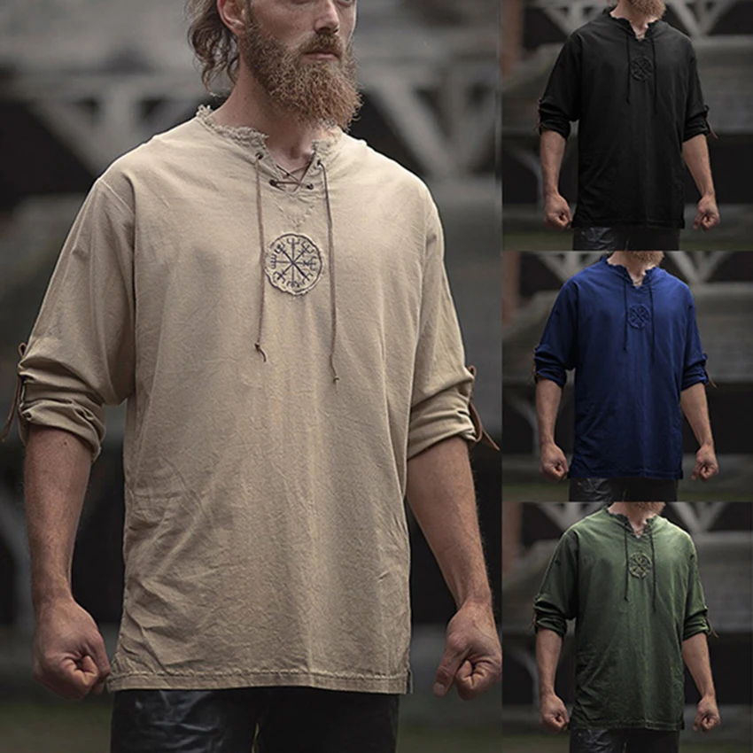 

Medieval Men's Old-fashioned Tops Vintage Linen Shirt Ancient Viking Embroidery Retro Cosplay Costume Long Sleeve Clothing Tops