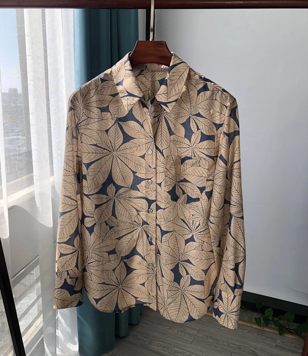 Elfbop Ladies/Women Silk & Cotton Leaves Printed Long Sleeve Lapel Blouse Shirt Top 2