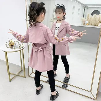 

2020 New Children Teenage Trench Coats Girls Spring Autumn Winter Windbreaker Long Sleeves Embroidery Jackets Kids Outerwear
