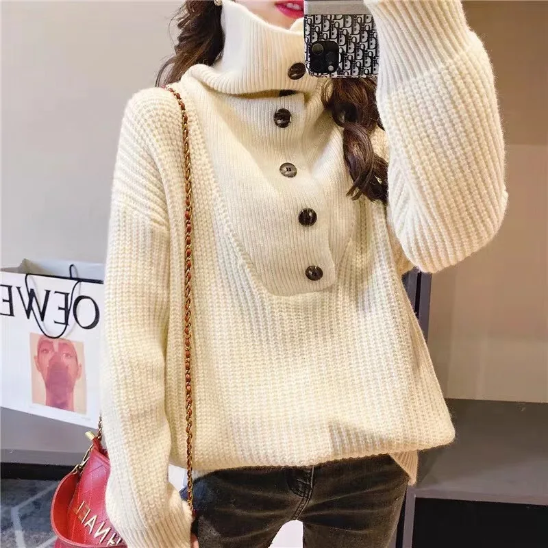 Lapel stand up collar solid color sweater loose Slouchy top fashion trend flu sweater autumn winter 2019 new Korean version Lapel stand up collar solid color sweater loose Slouchy top fashion trend flu sweater autumn winter 2019 new Korean version