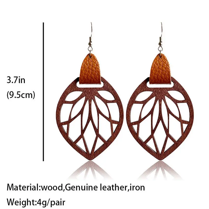 Genuine Leather Wrap Cutout Wood Leaf Drop Earrings for Women 2021 Original Design Wooden Jewelry Wholesale