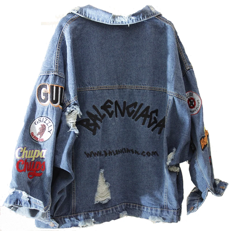

Dropshipping BF Harajuk Loose Denim Jacket Women Embroidery Jeans Coat Hip Hop Hole Single Breasted Jeans Casual Women Jacket