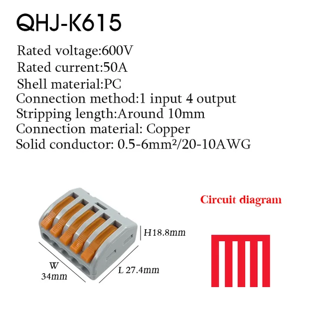 Cable Wire Connectors Mini Quick Terminal Block Universal Compact Wiring Electrical Connector Push-in For 4mm2 6mm2 Transparent 615