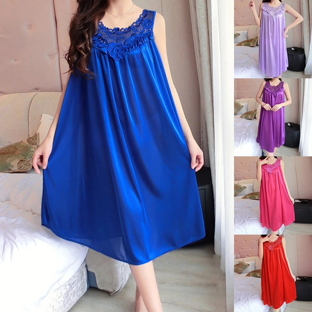 

2020 Summer Sexy Nightgowns Women Nightwear Satin Ice Silk Sleepwear Plus Size Loose Solid-Color VNeack Sleeveless Lingerie
