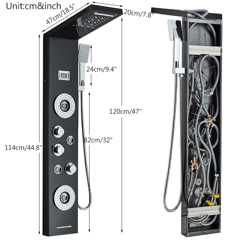 Description Picture 3 of itemBlack LED Rain/Waterfall Head Shower Panel Digital Screen Massage Jets Waterfall Bath Tub Spout Bathroom Shower Column System