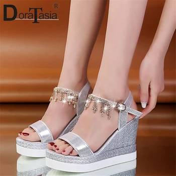 

DORATASIA Female Solid Rhinestone Platform Sandals 2020 Party Office Sandals Women Wedges Mixed Color Buckle Shoes Woman