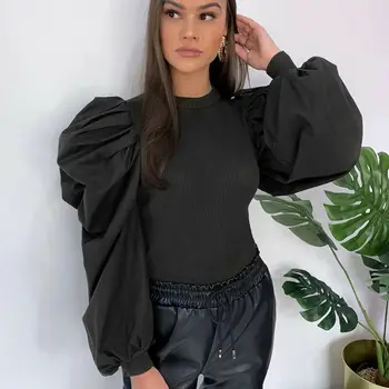 

Women Fashion Blouse Patchwork Plus Size Shirts Solid Tops Spring Ribbed Knitted Long Sleeve Elegant Slim Jumper Pullover Blouse