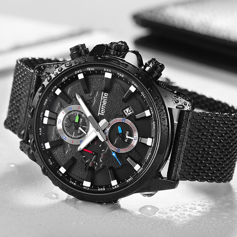 TEMEITE Original Mens Watches Top Brand Luxury Waterproof Quartz Watch Men Clock Date Mesh Strap Wristwatches Male Relogio