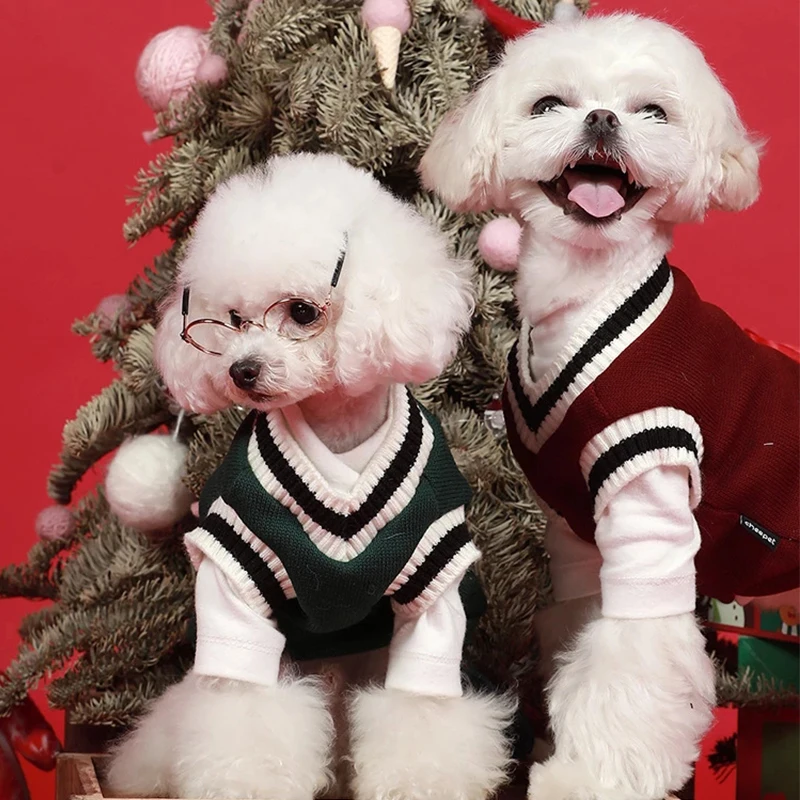 개 고양이 스웨터 Preppy 스타일 v-목 스트라이프 조끼 애완 동물 강아지 겨울 따뜻한 옷 Apperal 개 고양이 XS-5XL 크리스마스 Decora