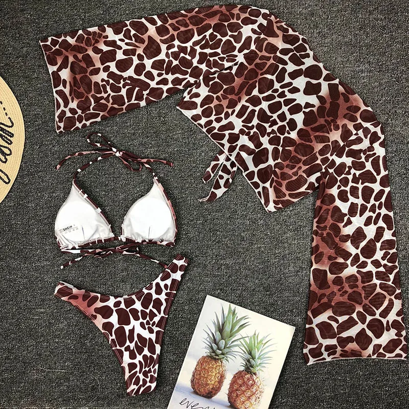 Sexy Leopard Halter Bikini Set Three Piece Swimsuit Long Sleeve Swimwear Woman Transparent Mesh Beach Wear High Cut Bathing Suit