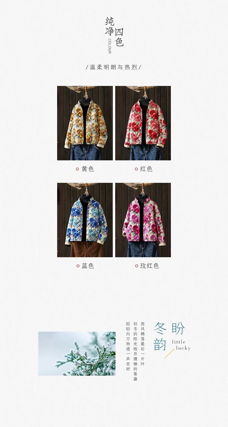 Национальный стиль, ретро принт, стоячий воротник, тонкий белый утиный пух, теплый пуховик, женский, китайский стиль, стоячий воротник, короткий, Цветочный