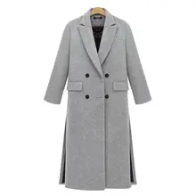 British New Spring / Winter Women Simple Grey White Woolen Cashmere Long Coat Maxi Female Overcoat Casacos Manteau Femme