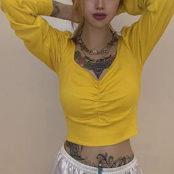 

Solid Color Long-sleeved V-neck Slim-fits Bottoming Sweater Slim Fitted Tee Autumn V Neck Solid Ladies Elegant Sweater