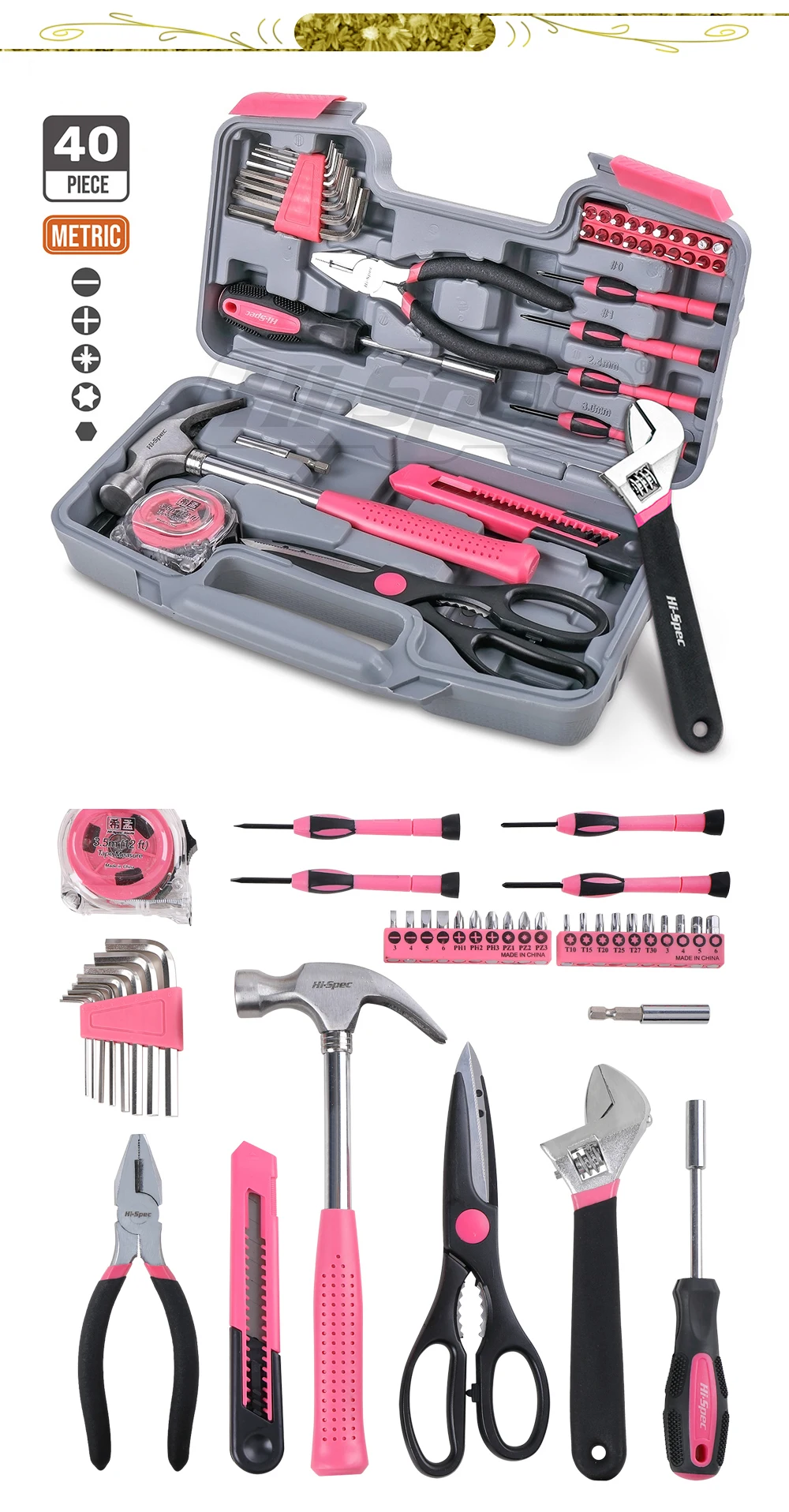 Hi-Spec 60 шт. розовый ручной набор инструментов набор 12 В Электрическая отвертка литий-ионная батарея для девушек женский бытовой Электроинструмент набор