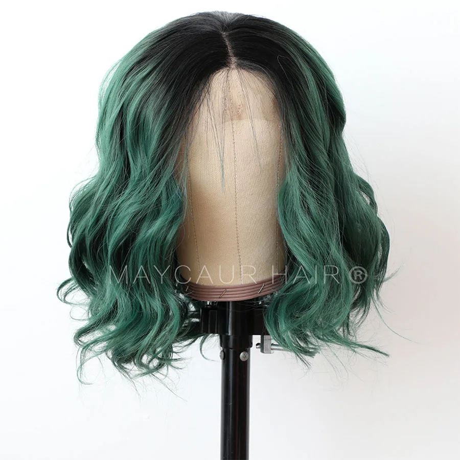 Maycaur Black Dark Green Short Bob Hair Synthetic Lace Front Wig Short Wavy Wigs with Natural Hairline For Women (4)