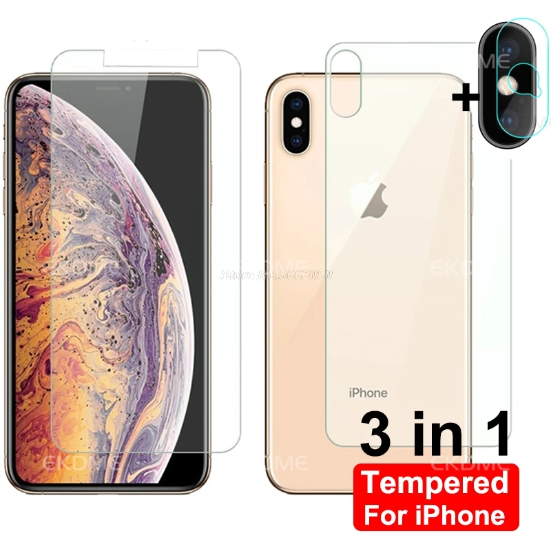 

3 in 1 Screen Protector Film For iPhone XS Max X XS XR 10 Back And Front Protective Tempered Glass + Rear Camera Lens Glass Film