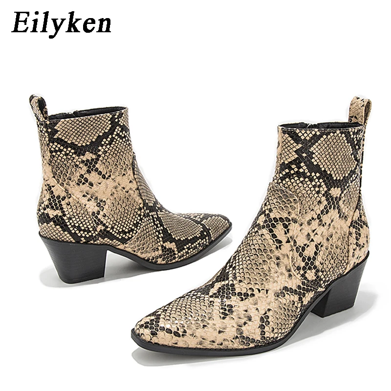 Eilyken/ г., новые зимние женские ботильоны на низком каблуке 6 см со змеиным узором женские ботинки с круглым носком на молнии модная офисная обувь для отдыха