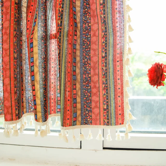 Elevate your home decor with the 2022 Boho National Style Tulle Sheer Cotton Linen Printed Short Window Curtain