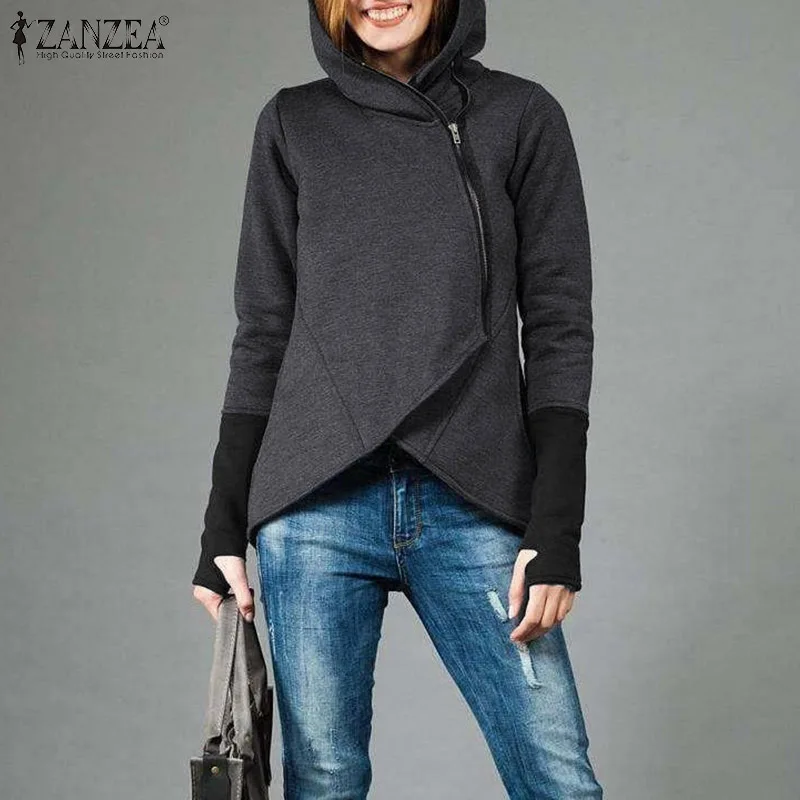 

ZANZEA Fashion 2019 Autumn Women Hoodies Sweatshirts Casual Long Sleeve Hoodie Outwear Asymetrical Hem Zipper Coats Sweatshirts