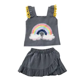 

Summer Toddler Baby Girl outfit set sleeveless Rainbow Sequins grey Vest Top T-shirt Ruffle Skirts Outfits set