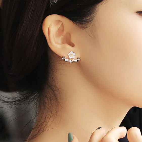 Back-hanging Flower Diamond Set Fan-shaped Gold Ear Stud 925 Silver Japanese Korean Online Celebrity Hot Selling Versatile Fashi