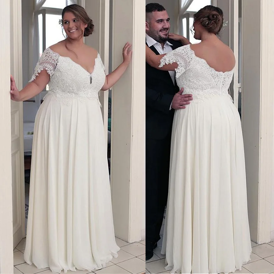 Elegante Plus Größe Hochzeit Kleid 2022 Spitzen Chiffon Off Schulter Kurzen Ärmeln A-line Brautkleid Robe de Mariage Open Back