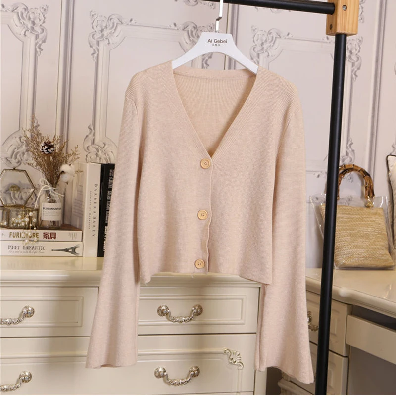 simple Cardigan Female V-neck Woman Sweater Knitting 2020 Spring New Girl Solid Color Long Sleeve Cardigan Sweater Short Jacket