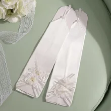 Белые Длинные атласные свадебные перчатки без пальцев Свадебные аксессуары для невесты девушка брошь маленький цветок из прозрачного хрусталя слоновой кости Готические перчатки ST242