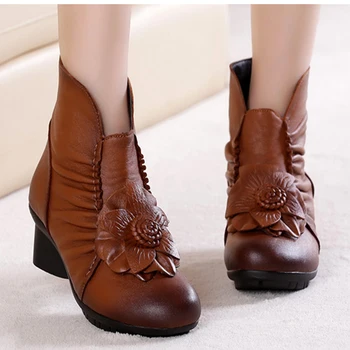 

SONDR booties woman shoes ethnic retro flower stivaletti donna genuine leather boots women round toe zipper rubber zapatos mujer