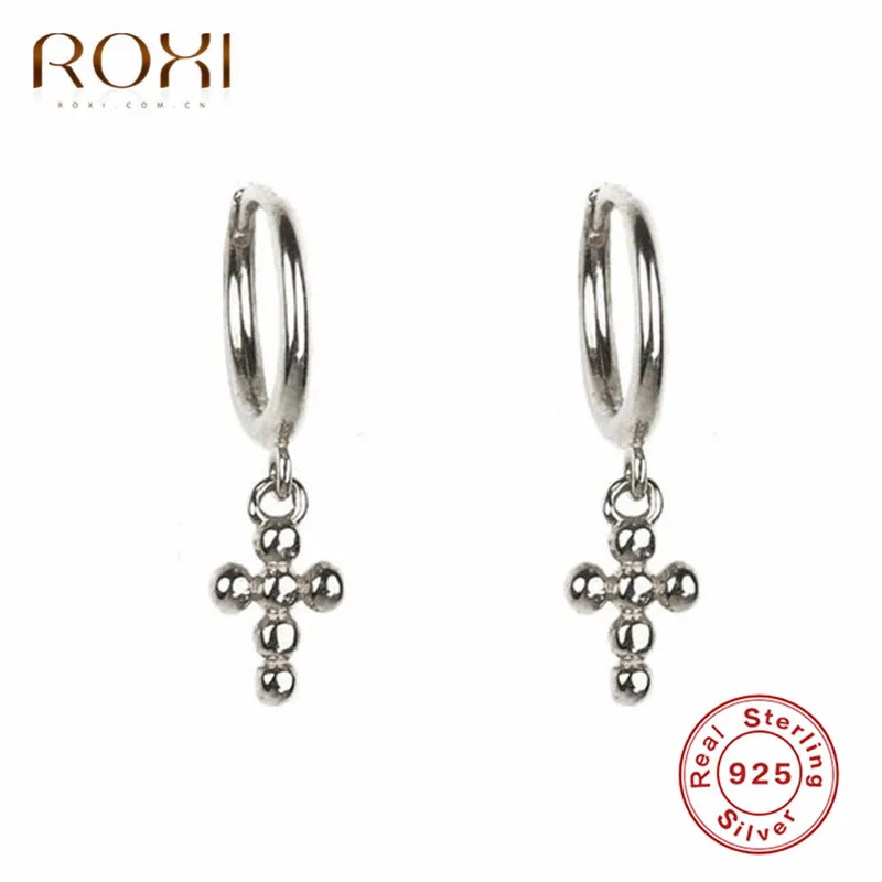 ROXI, модные женские серьги-гвоздики с крестом, 925 пробы, серебряные маленькие круглые бусины, серьги с крестом для женщин, ювелирные изделия, вечерние, подарок