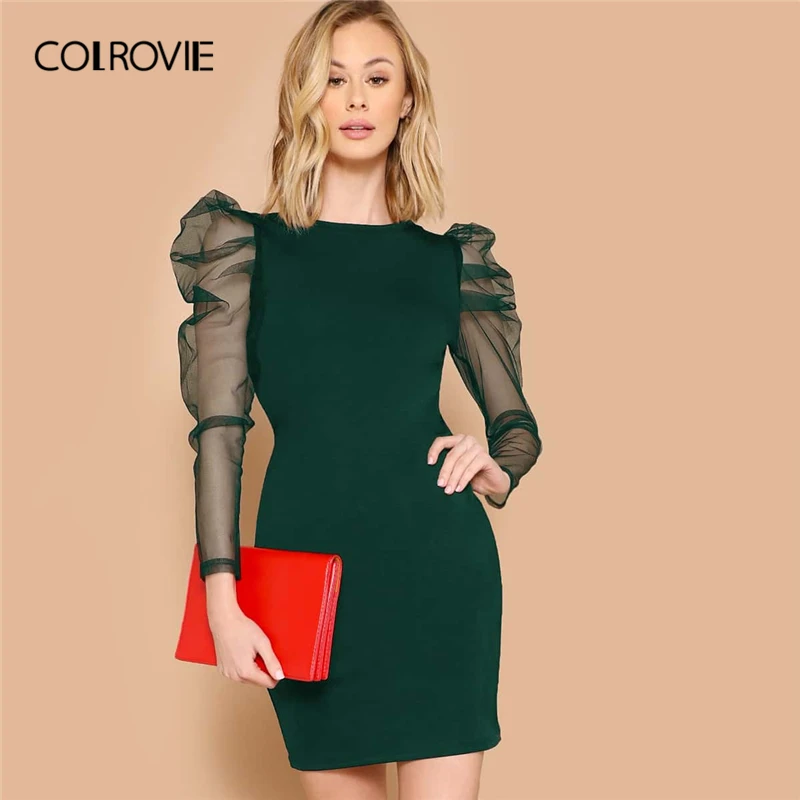 

COLROVIE Green Mesh Leg-of-mutton Sleeve Fitted Dress Women Solid Sexy Bodycon Mini Dress Spring Slim Fit Elegant Pencil Dresses