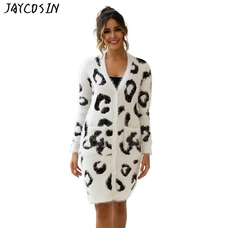 JAYCOSIN свитер размера плюс женский карман Кнопка с длинным рукавом Леопардовый принт вязаный свитер кардиган Pelaje femenino Manteau femelle