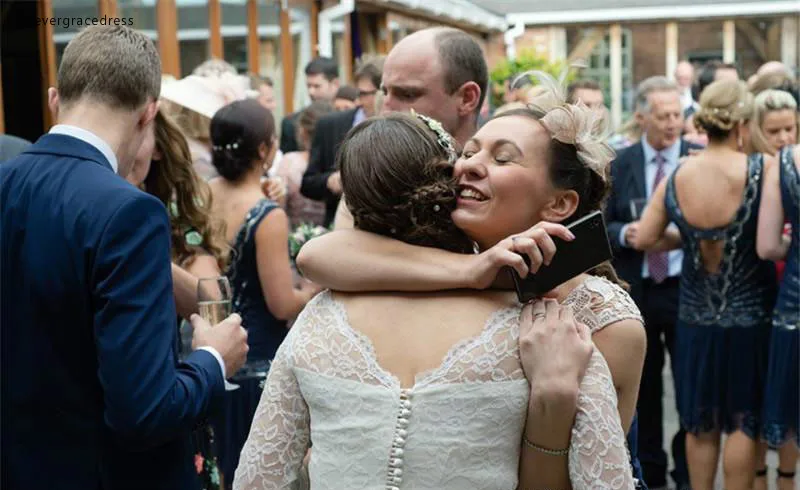 Vintage Full Lace Wedding Dresses 34 Long Sleeves Short Country Wedding Gowns Simple Tea Length Wedding Party Gowns For Garden 2017  119 (1)