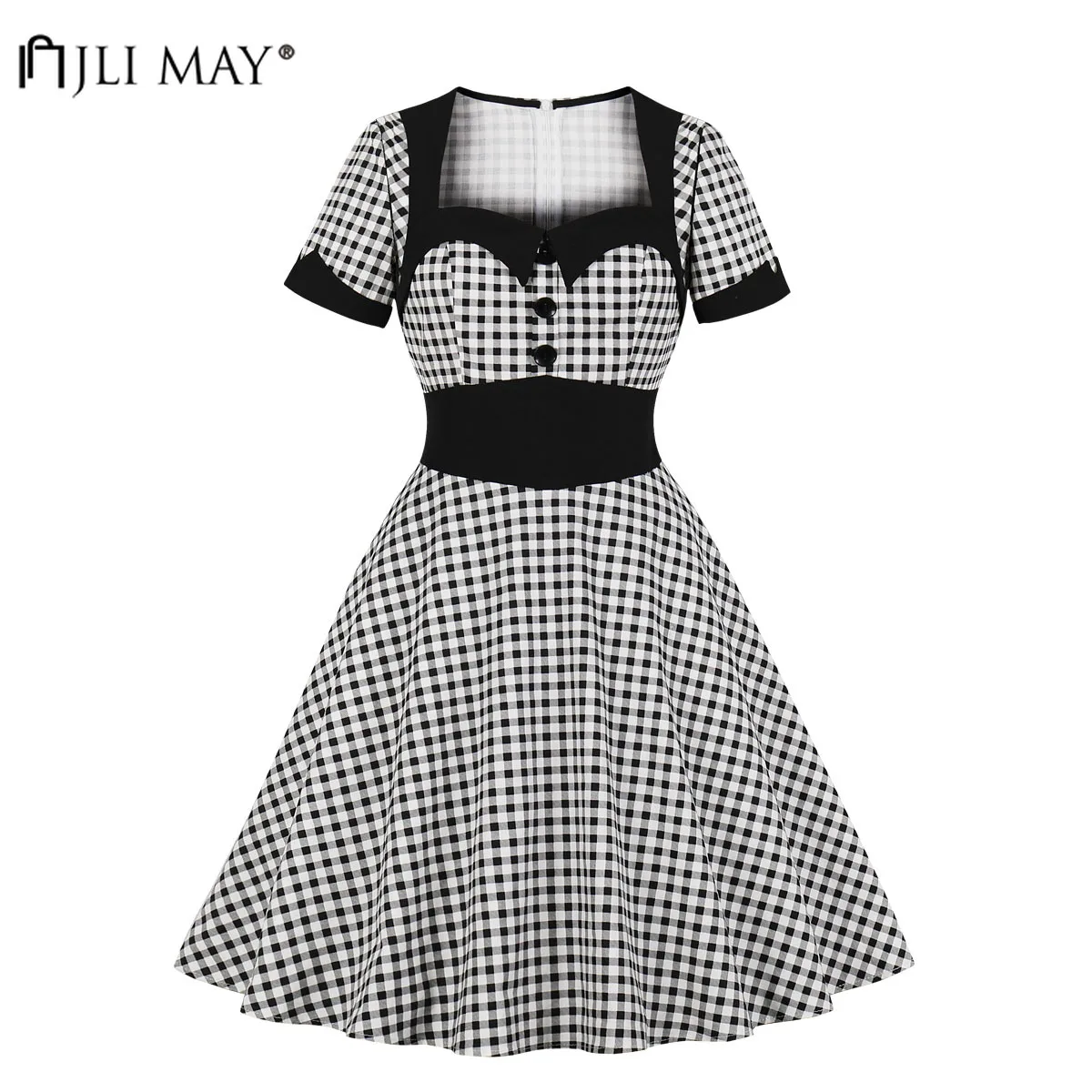 

JLI MAY Vintage Hepburn Plaid Dress Women Summer Elegant Party Ladies Short Sleeve Midi A-Line Plus size Square Collar clothes