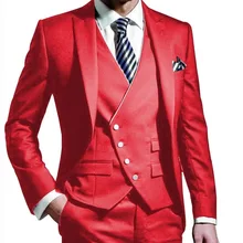 Мужские костюмы из трех предметов, красный пиджак для жениха на одной пуговице, деловые костюмы, смокинг(Блейзер+ жилет+ брюки