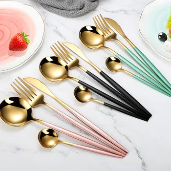 

4 Pcs Stainless Cutlery Set Luxury Western Metal Pink Steak Knife Fork Tableware Cubiertos Dinner Kitchen Accessories New KK60CJ
