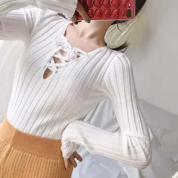 

Spring Slim Women Sweater Solid Color V Collar Loose Drawstring Knitwear Tops Bow Tie Long Sleeve Sweater