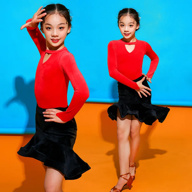 Children Latin Dance Practice Clothes Ballroom Dance Dress Girls Latin Performance Suit Top+Skirt Latin Dance Costumes 2 Pcs Set (8)