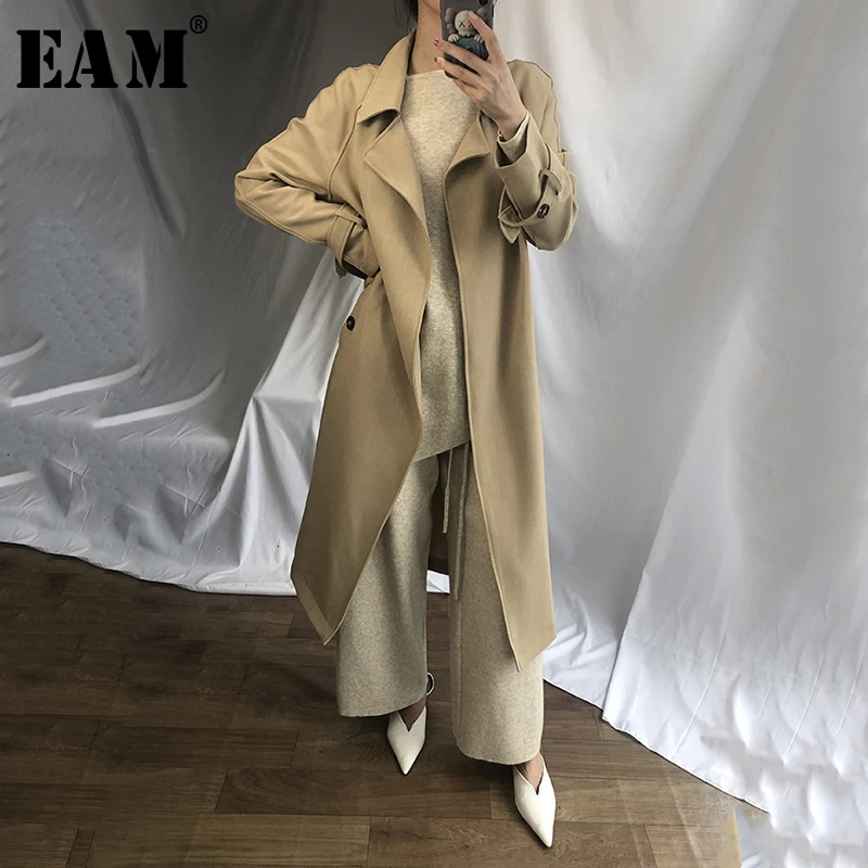

[EAM] Loose Fit Khaki Long Temperament Woolen Coat Parkas New Long Sleeve Women Fashion Tide Autumn Winter 2019 1D470 1D470