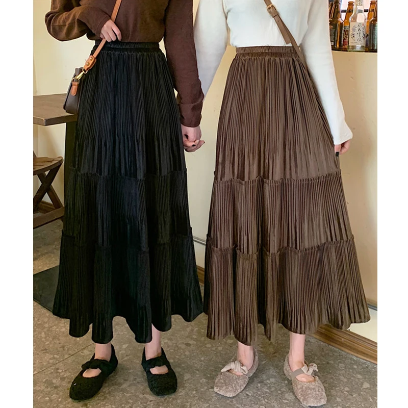 Натуральная Классическая длинная легкая шикарная длинная юбка выше колена, высокая талия, элегантная женская однотонная черная юбка
