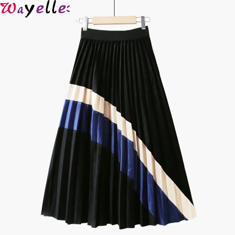 

Warm Velvet Midi Skirt Women Autumn Winter 2019 Patchwork Korean Ladies High Waist Skirts Women Pleated Long Skirt Female