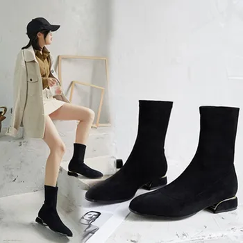 

thin high short boots nude women's thick heel spring and autumn single boots fashion elastic socks boots elastic boots