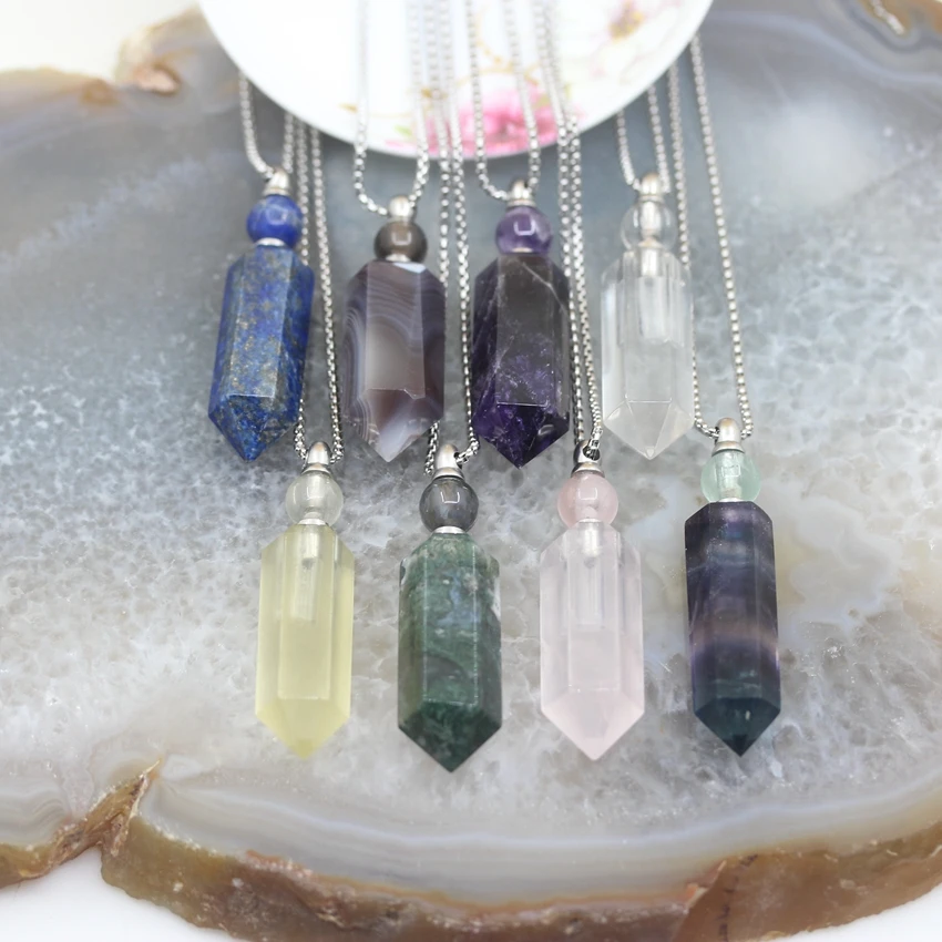 Plated Silvers Chains Hexagon Prism Perfume Bottle Pendants Natural Gems stone Crystal Essential Oil Diffuser Points Vial Charms | Украшения