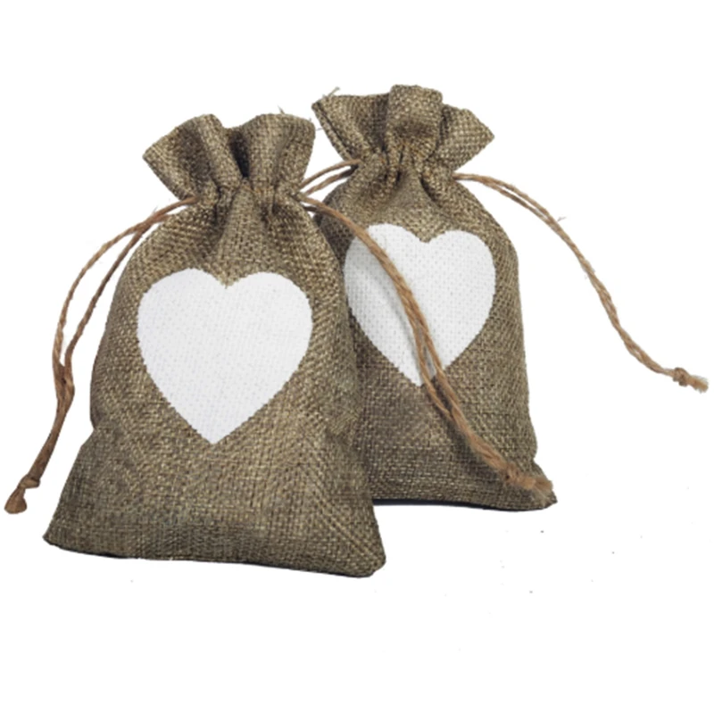 50Pcs Flax Bags Burlap Drawstring Pouch Christmas Love Heart Gifts Bag Wedding Party Bags for Coffee Beans Candy Makeup Jewelry