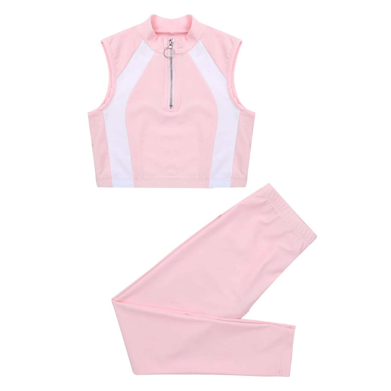 

2Pcs Kids Girls Sportswear Stand Collar Sleeveless Zipper Cropped Top and Pants Set Children Gymnastic Running Exercise Clothes