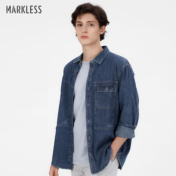 

Markless Mens Cotton Denim Lapel Shirts Breathable Durable Loose Shirt Coat CSB0509M