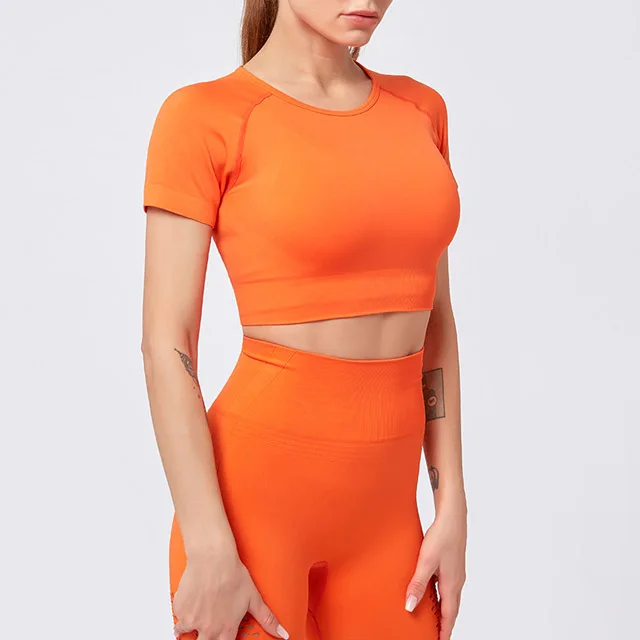 2 шт., спортивный костюм для йоги, с вырезами, короткий рукав, для фитнеса, укороченный топ+ бесшовные леггинсы, колготки, женская спортивная одежда, комплект для спортзала, тренировочная одежда - Цвет: Orange