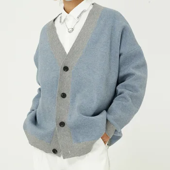 

Male Japan Korea Streetwear Knitted Jacket Outerwear Men Vintage Style Loose Casual Sweater Cardigan Coat