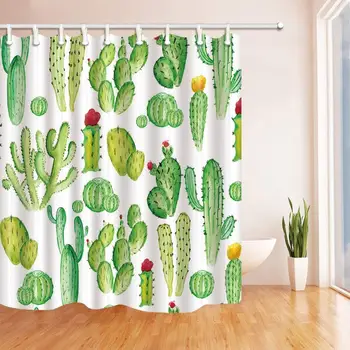 

Green Plants Cactus Flower, Polyester Fabric Shower Curtain Set with Hooks, 72 Inches