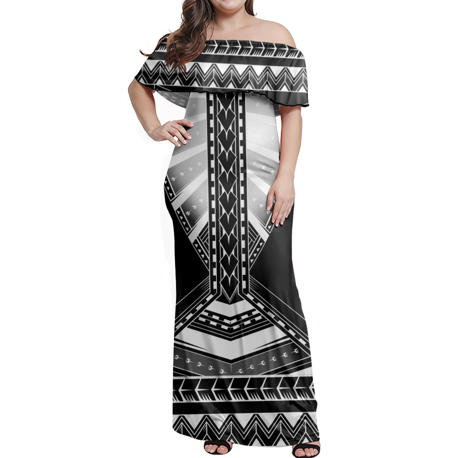 2022 Bodycon Sexy Dress Tahiti Polynesian Tattoo Pattern Casual Off Shoulder Bodycon Dresses Wedding Party Long Maxi Beach Dress